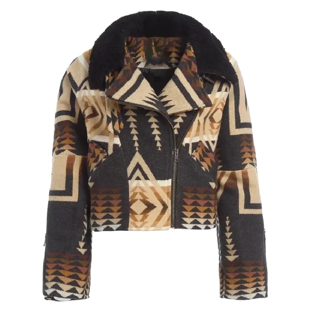 Yellowstone inspired women’s fleece jacket with Aztec Southwestern print, cozy Western style coat
