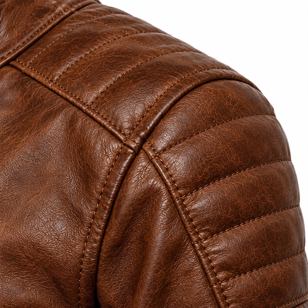 Quilted padded shoulders and snap collar on men's black café racer leather jacket