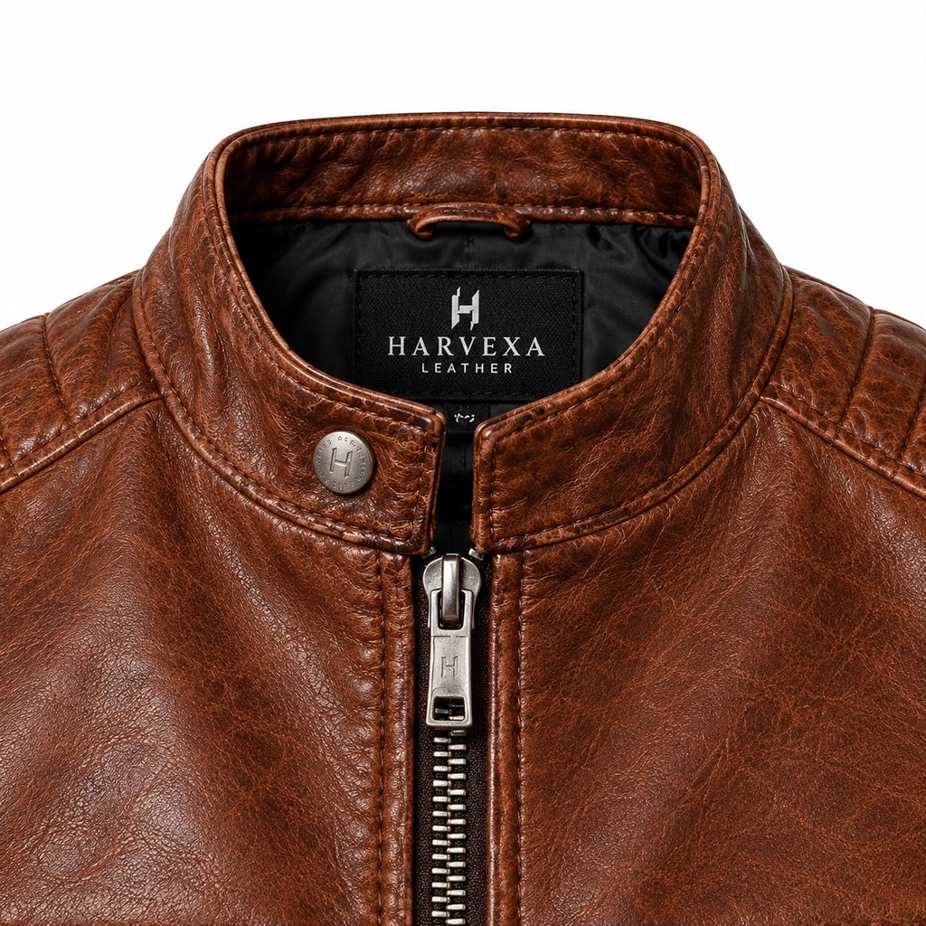 brown distressed biker moto jacket with zipper pockets