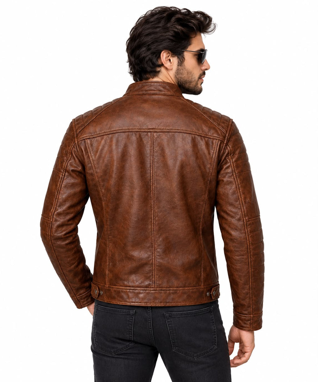 Men's brown café racer leather jacket quilted shoulder distressed