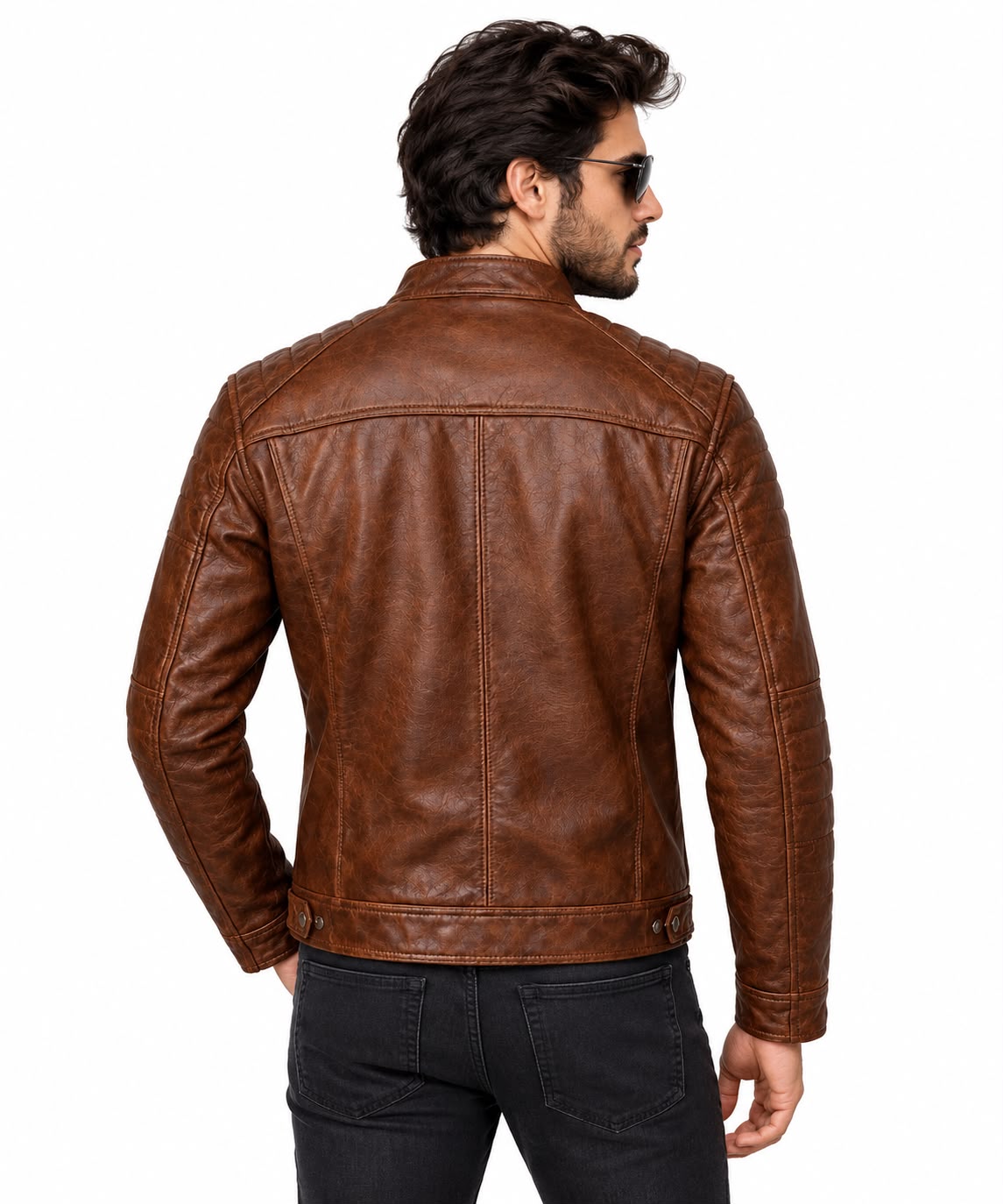 Men's brown café racer leather jacket quilted shoulder distressed