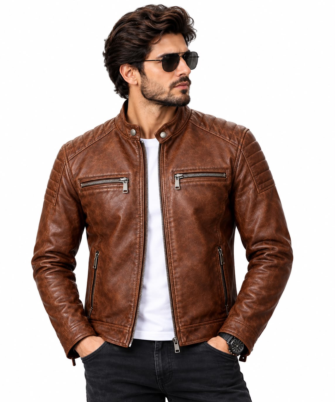 Men's brown quilted shoulder café racer leather jacket