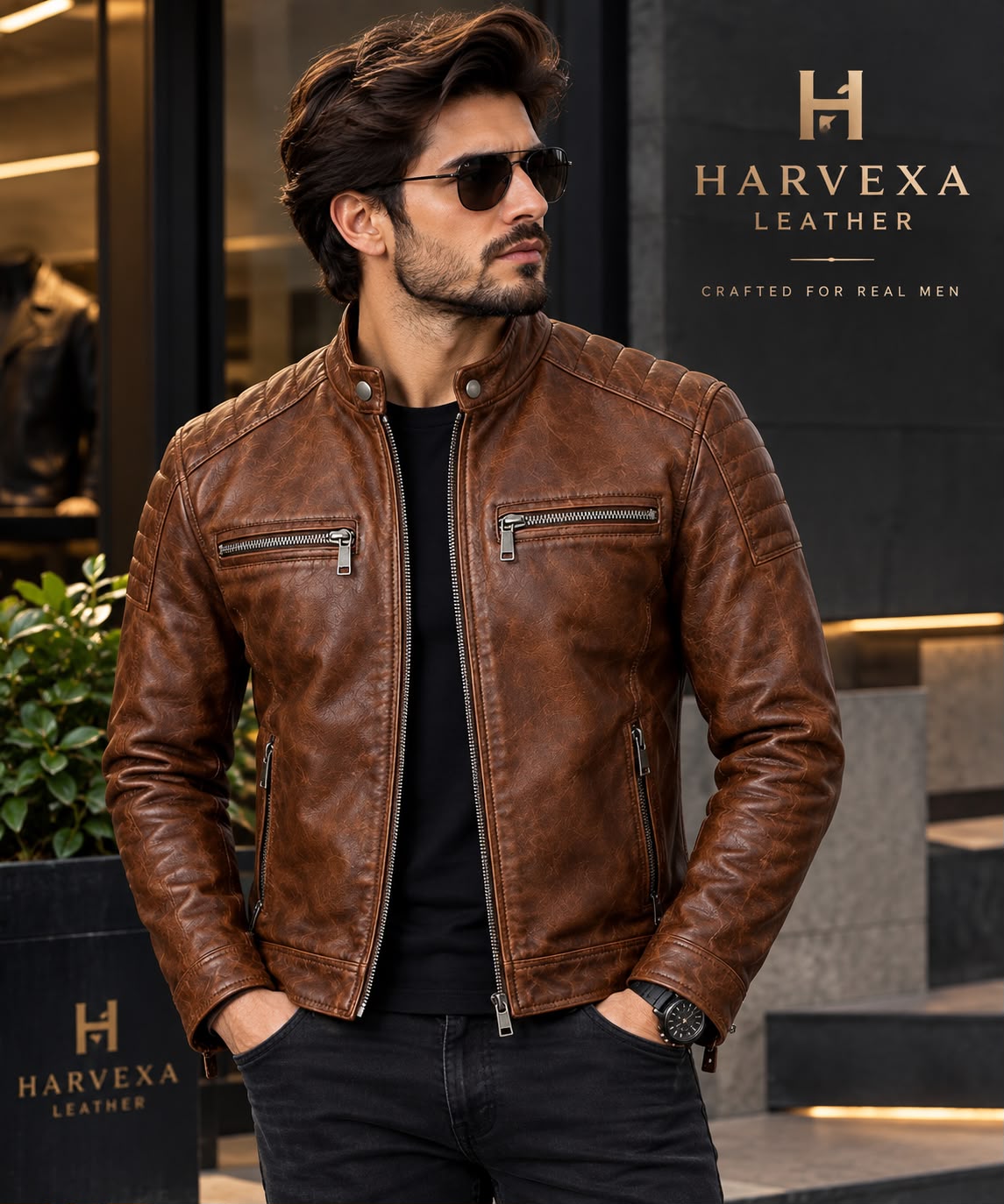 men's brown café racer jacket with quilted sleeves and biker silhouette