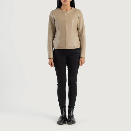 Women's Beige Collarless Crop Leather Jacket