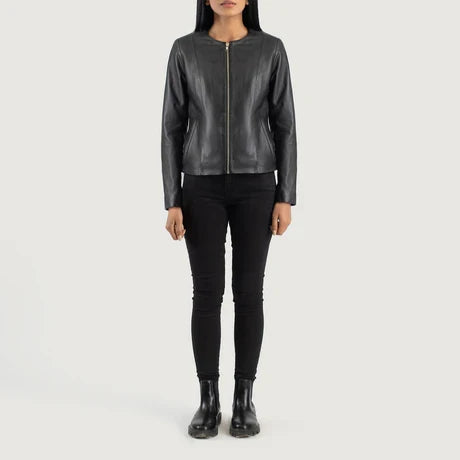 women's black collarless leather jacket