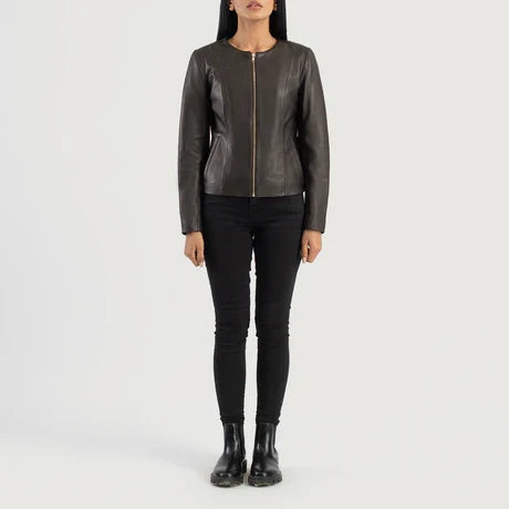 women's dark brown collarless leather jacket