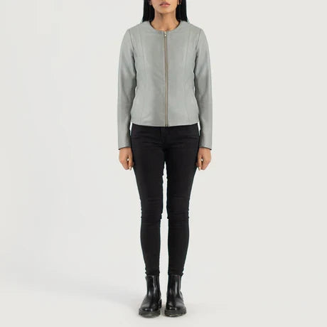 Women's Light Gray Collarless Cropped Leather Jacket