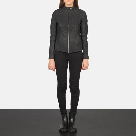 Kelsee Distressed Black Leather Biker Jacket