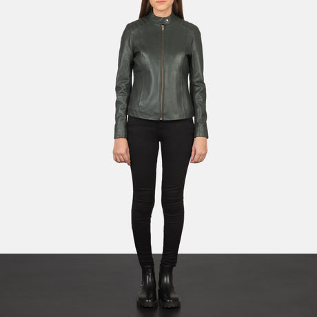 women's dark green tailored leather moto jacket