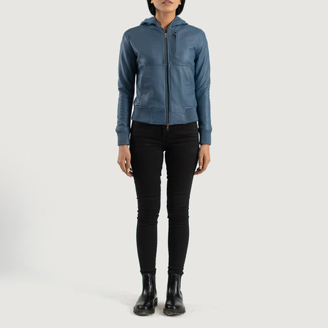 Women's Dusty Blue Hooded Leather Jacket