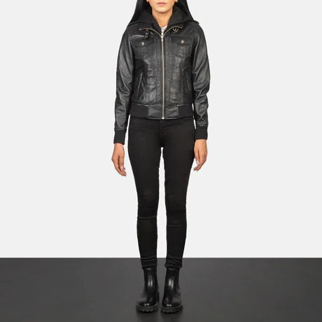 Women's Brown Genuine Leather Hooded Jacket