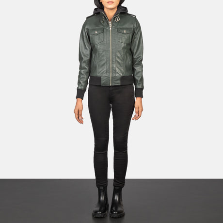 women's forest green leather streetwear bomber jacket