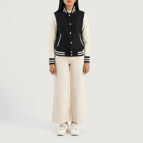 women's black body cream sleeve varsity bomber jacket