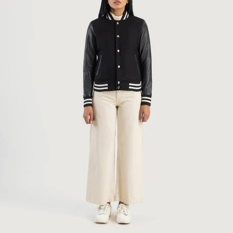 Women's Black Varsity Jacket with Black Leather