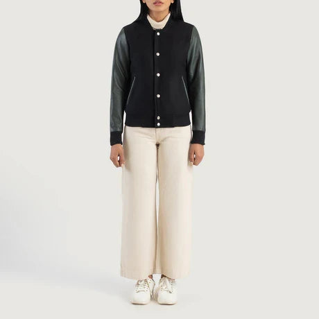Women's Cream Brown Leather Varsity Jacket
