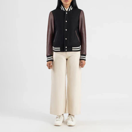 Women's Black Burgundy Leather Sleeve Varsity Jacket