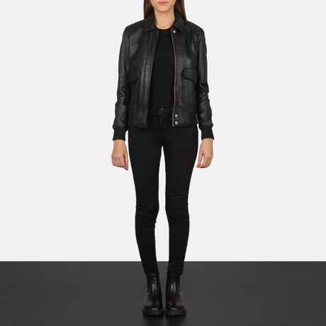 women's black military style leather pilot bomber jacket 