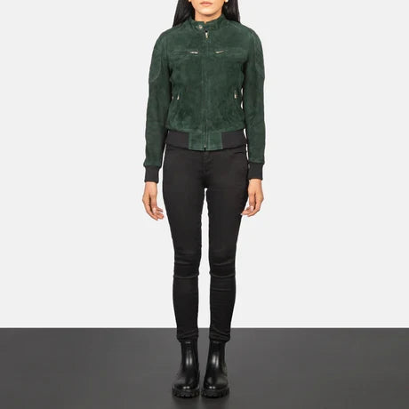 women's forest green suede bomber jacket