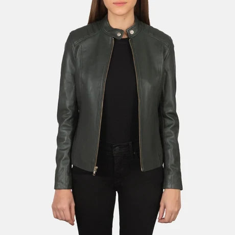 Women's Black Genuine Leather Cafe Racer Jacket