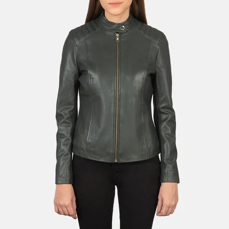 Women's Black Genuine Leather Cafe Racer Jacket