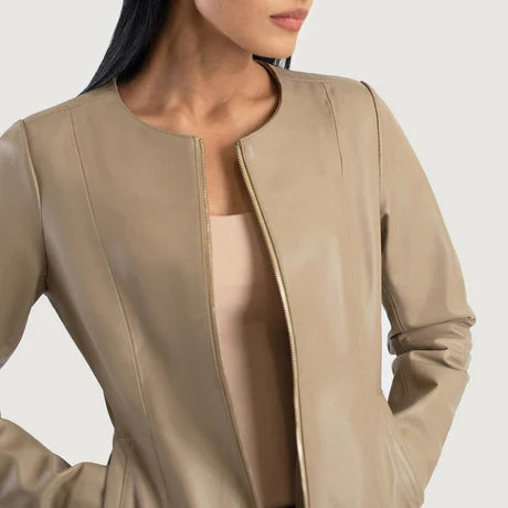 Women's Beige Collarless Cropped Leather Jacket