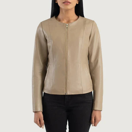 women's beige collarless leather jacket