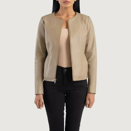 Women's Beige Collarless Cropped Leather Jacket