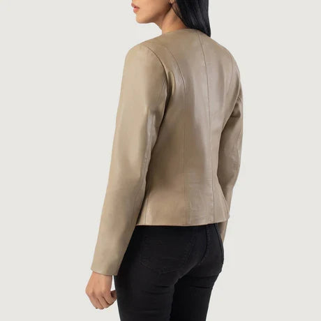 women's beige collarless crop leather jacket