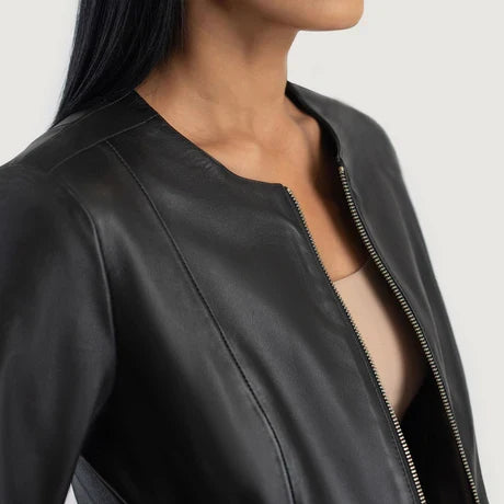 Women's Black Collarless Cropped Leather Jacket