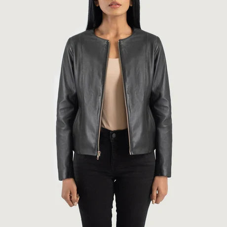 Women's Black Collarless Crop Leather Jacket