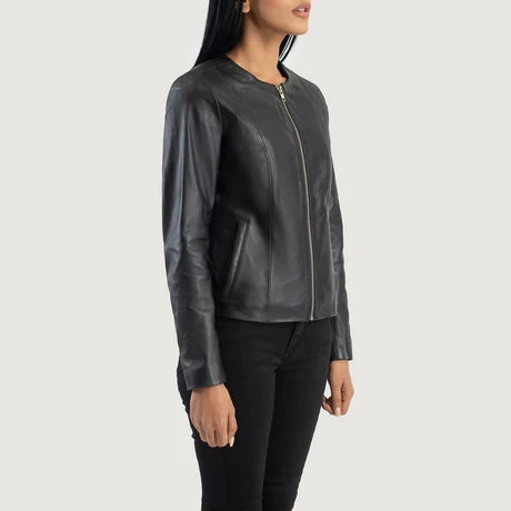 women's black collarless crop leather jacket