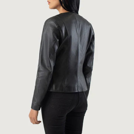 Women's Black Collarless Cropped Leather Jacket