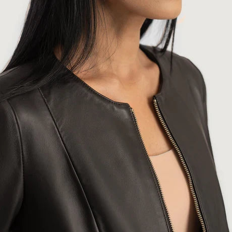 women's dark brown collarless crop leather jacket
