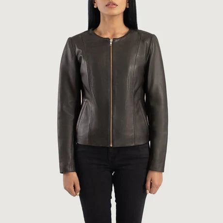 Brown Collarless Cropped Leather Jacket