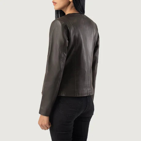 Women's Dark Brown Collarless Cropped Leather Jacket 