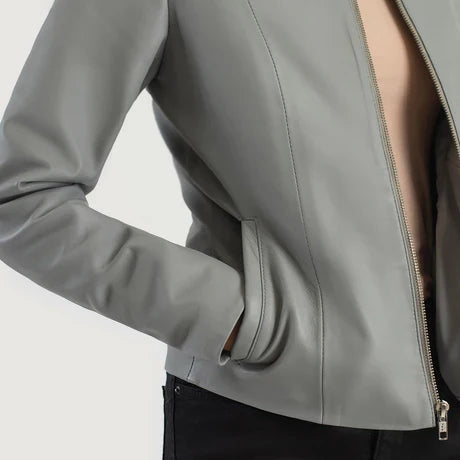 Women's Light Gray Collarless Cropped Leather Jacket