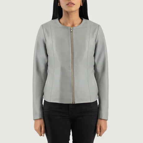 Women's Light Gray Collarless Crop Leather Jacket