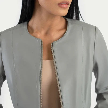 women's light gray collarless crop leather jacket