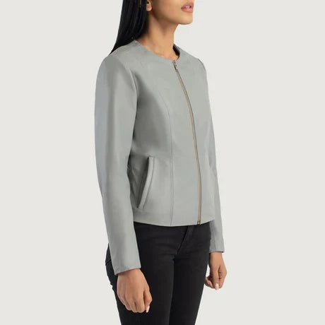 women's light gray leather jacket