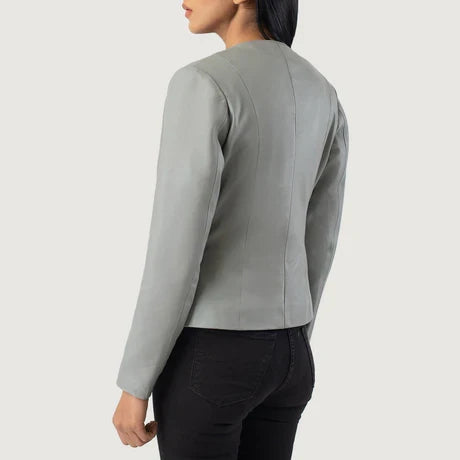 gray collarless leather jacket