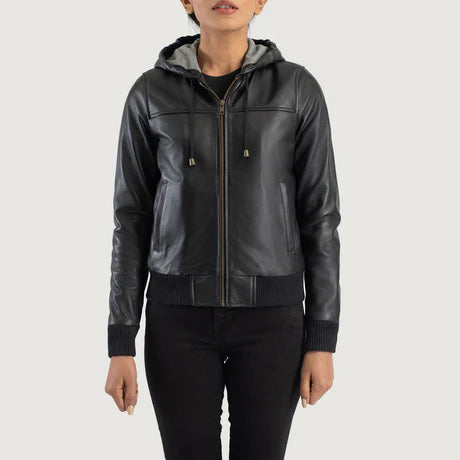 Rebella Black Hooded Leather Bomber Jacket