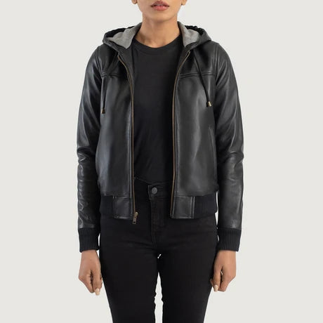 Women's Black Hooded Leather Bomber Jacket
