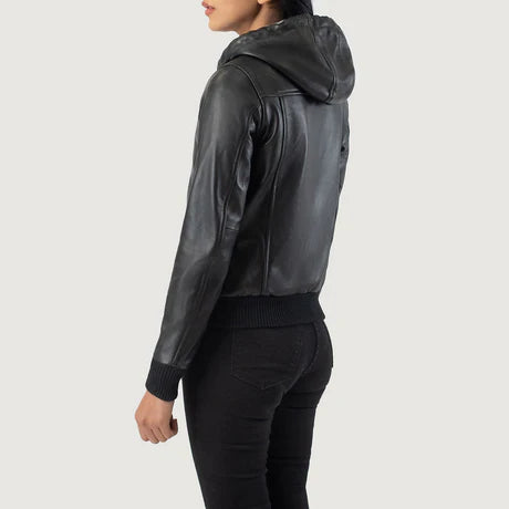 Rebella Black Hooded Leather Bomber Jacket