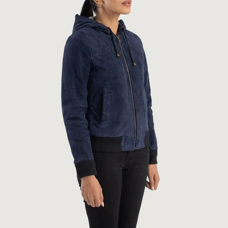 women's navy blue genuine suede hooded jacket