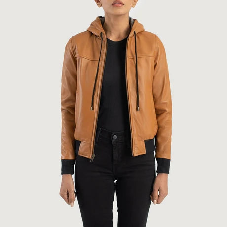 Women's Tan Brown Leather Hooded Bomber Jacket
