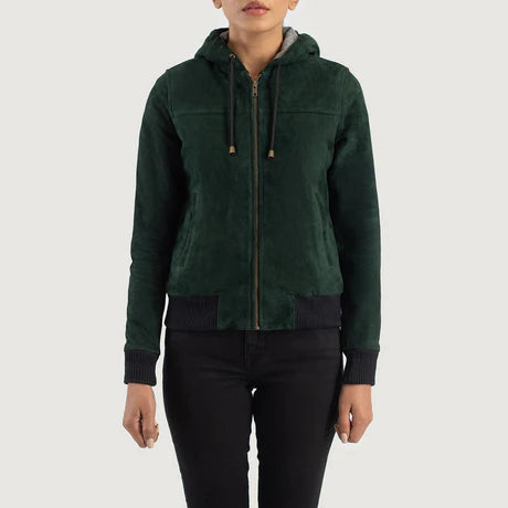 Rebella Green Hooded Suede Bomber Jacket