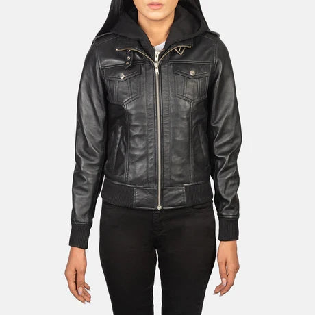 Women's Brown Genuine Leather Hooded Jacket