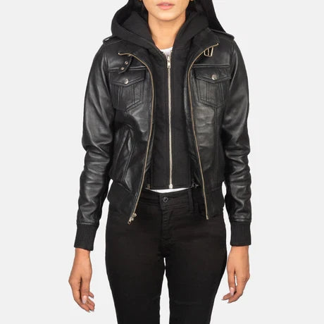 Women's Brown Genuine Leather Hooded Jacket