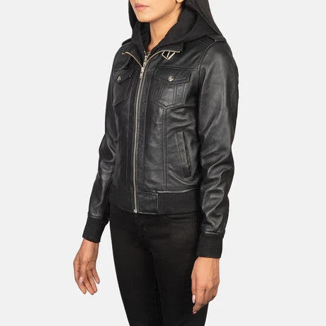 Women's Brown Genuine Leather Hooded Jacket