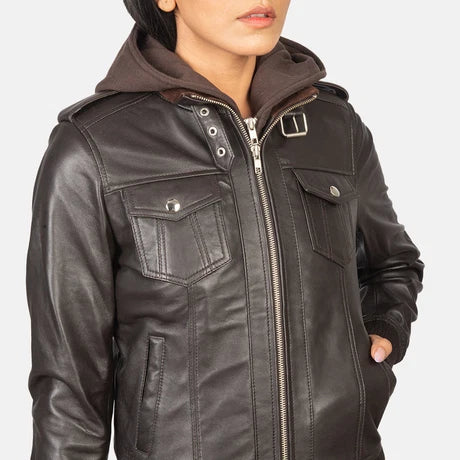 women's chocolate brown leather hooded bomber jacket 